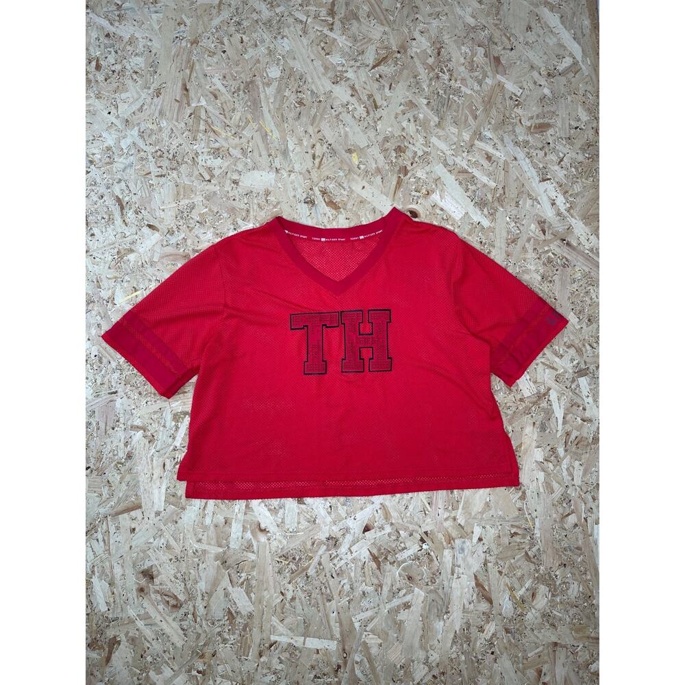 Tommy Hilfiger Sport Mesh Short Sleeve Boxy Crop Shirt Red V Neck Sz XL